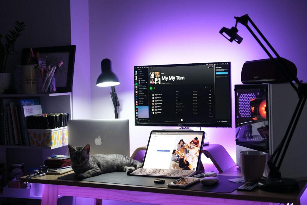 Bureau de streaming modeste avec deux écrans, éclairage d'ambiance violet et un chat sur le clavier