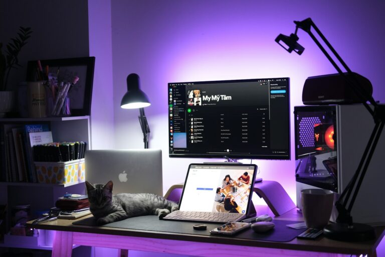 Bureau de streaming modeste avec deux écrans, éclairage d'ambiance violet et un chat sur le clavier